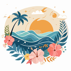 Vector modern art print elements in simple floral wavy and groovy naive style, ocean and vacation theme, flowers and plants, floral botanic hand drawn design templates, modern art prints