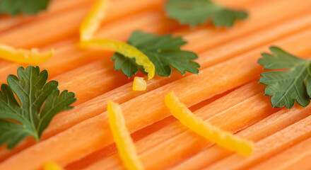 Vibrant Carrot Sticks Display With Decorative Herbs And Zest Arrangements