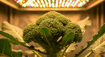 Close Up Of Broccoli Floret With Leaves And Growing Light At Home