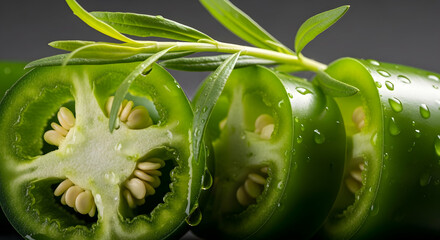 Fresh Jalape?o Peppers Slices Still Life With Green Branch And Water Droplets