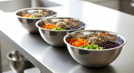 Three Bowls Featuring A Medley Of Fresh Colorful Ingredients On Counter