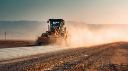 Fototapeta premium Modern grader smoothing road in desert environment