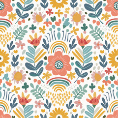 Vector seamless pattern in simple floral wavy and groovy naive style, flowers and plants, floral botanic hand drawn design templates, modern art prints, surface design, holiday and beach theme