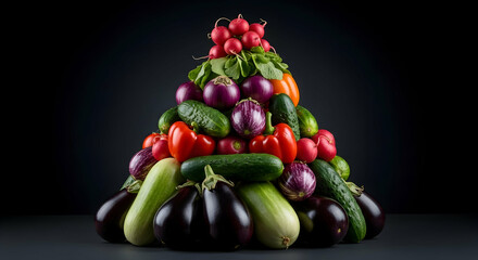 Fresh Vegetable Assortment Arranged in a Tower On Dark Backdrop