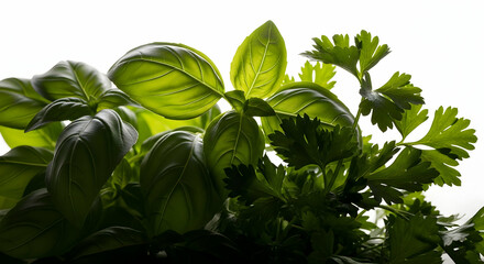 Aromatic Herbs Freshly Grown Basil And Parsley On The Bright Background