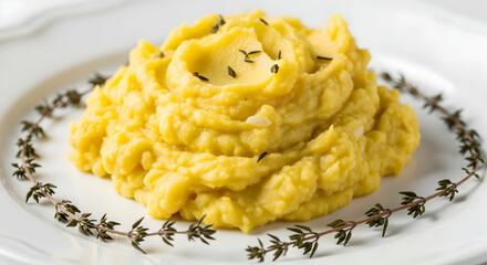 Elegant Presentation Of Creamy Mashed Potatoes Garnished With Fresh Thyme