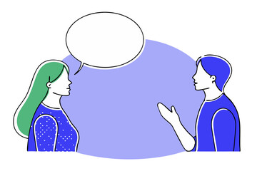  a minimalist, vector-style illustration featuring two people engaged in conversation. Both figures are outlined in black with a white fill and have green hair, adding a pop of color. 