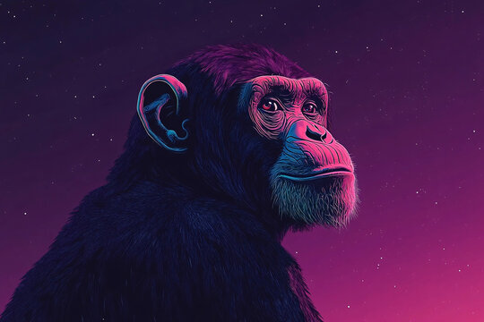 A stunning neon portrait depicts a chimpanzee under a vibrant, starry night sky.
