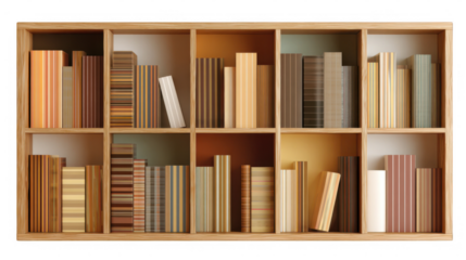 Light brown wooden bookshelf displays various colorful books with striped patterns, offering a visually appealing arrangement against a transparent background