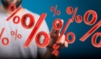 Image depicts a person interacting with floating percentage symbols, ideal for illustrating...