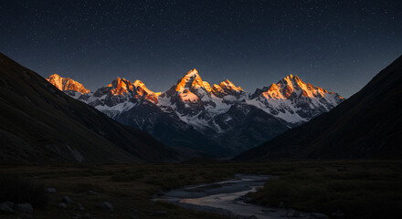 A moonlit mountain landscape at night, with glowing snow-covered peaks under a starry sky.