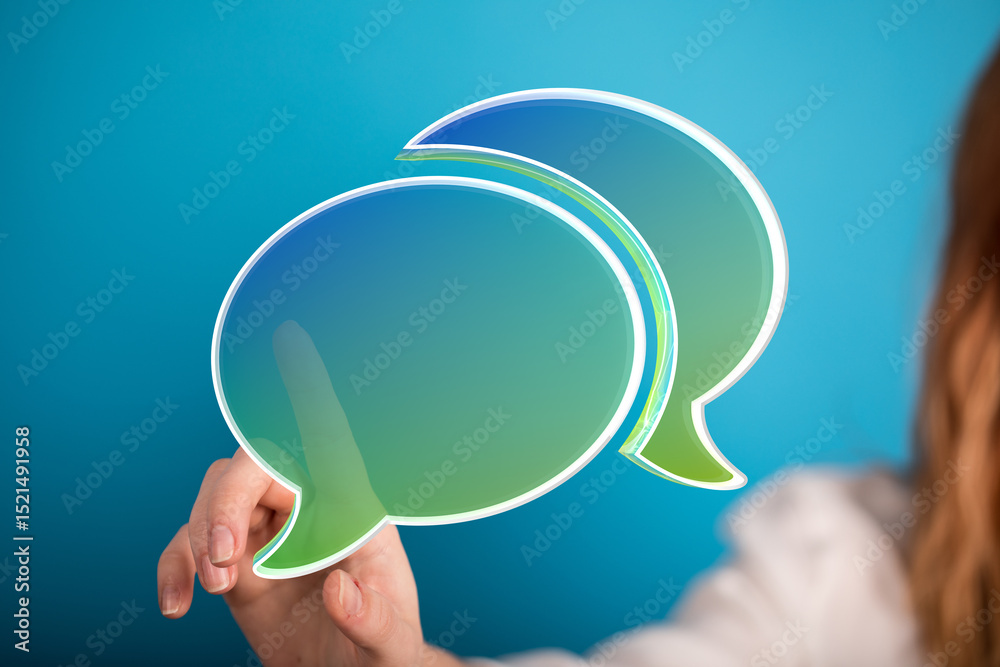 Poster Abstract image of a hand interacting with glowing speech bubbles, representing communication and digital interaction.