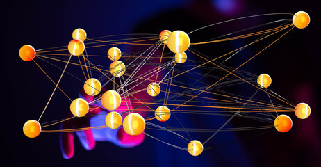 Abstract image of interconnected nodes, representing global networks, technology, and communication.