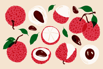 Lychee set. Fresh exotic lychees riso print style, cartoon litchi fruits with leaves and stone, whole and peeled lichi berries, sweet summer tropical fruit. Vector flat collection