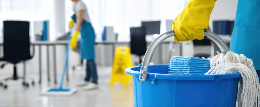 The cleaning crew prepares for a thorough office sanitation process.