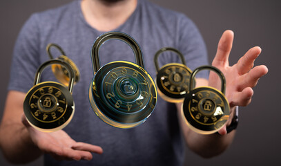 Safeguarding information with strong passwords and encryption.  Cybersecurity and data protection.