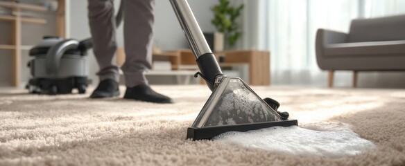 The vacuum cleaner deep cleaning a carpet in a stylish home environment.