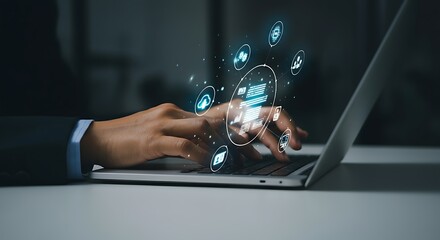Close-up of a person in a business suit typing on a laptop, with a futuristic digital interface overlay displaying various icons related to technology and data processing.