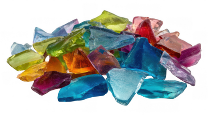 Colorful glass chips forming a vibrant pile, showcasing a spectrum of colors and textures, ideal for design projects needing a touch of colorful and transparent elements