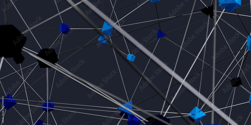 Poster 3d render of geometric shapes connected by lines, ideal for technology, network, or connection conce