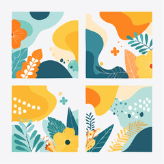 Vector set of abstract creative backgrounds in minimal trendy style with geometric flowers - design templates for social media stories and posts - summer simple, stylish designs for invitations