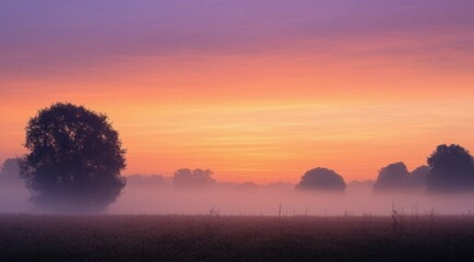 Fototapeta premium Peaceful dawn landscape with trees shrouded in mist at sunrise.