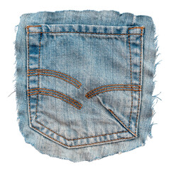 Piece of torn denim on a white background. Denim texture. Pocket