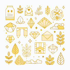 Vector design elements and simple illustrations in simple linear style, packaging template and stickers, minimal designs for golden foil printing, cards, invitations and prints