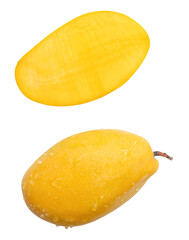 Top view set of single ripe yellow mango fruit with half and water droplets isolated with clipping path in png file format