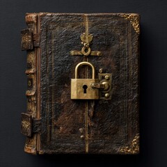 Ancient leather-bound book with ornate gold lock and dark cover, perfect for fantasy games, escape rooms, or design