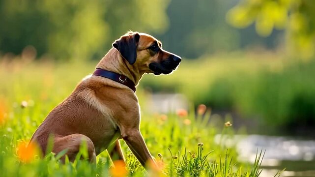 Rhodesian ridgeback dog sitting calmly in a lush green meadow beside a gently flowing river on a sunny summer day, soaking in the serene and peaceful ambiance of nature