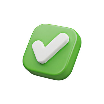 Green Check Mark Button 3D Icon in Cartoon Plastic Style &ndash; Minimal Isolated Design
