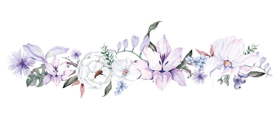 Floral Border. Floral pattern with leaves and lilies, orchids, cosmos. Seamless botanical floral border. Purple, white tones for cards, weddings or fabrics. Hand drawn watercolor.