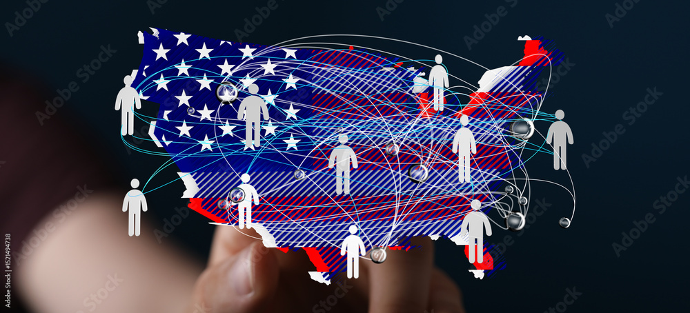 Poster a digital illustration of interconnected people across the united states. represents networking, com