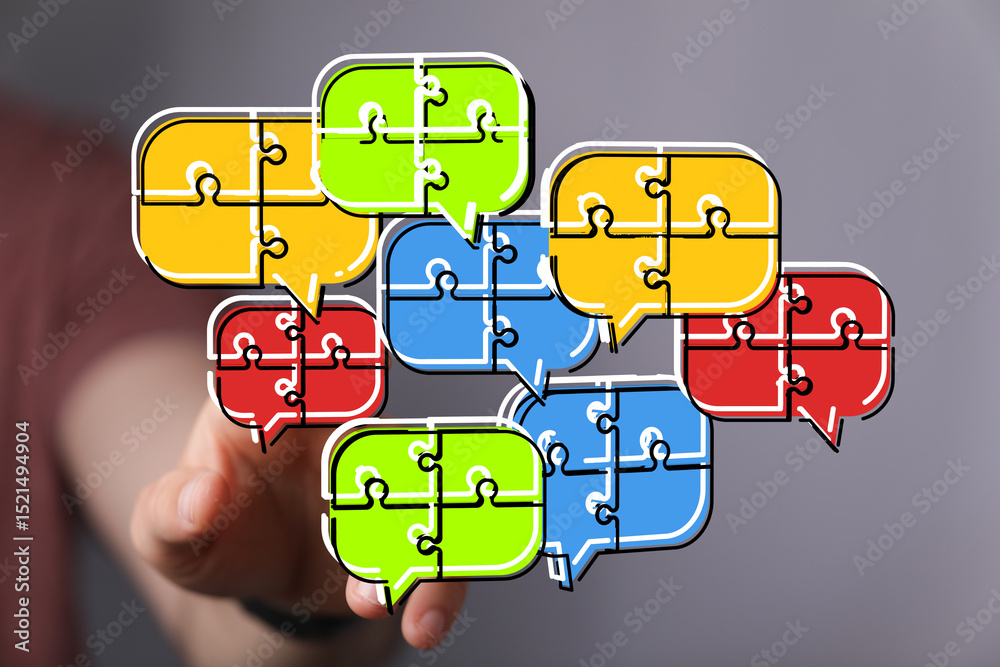 Poster abstract image of puzzle pieces forming speech bubbles, representing communication and collaboration