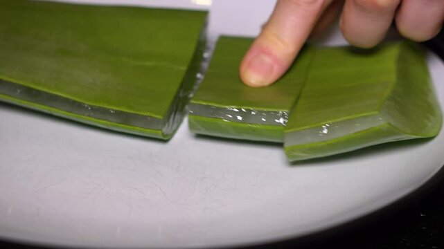Aloe Vera leaf on black background. Cutting into smaller pieces and peeling the skin to reveal fresh gel. DIY natural skincare, herbal remedy, and organic beauty treatment process.