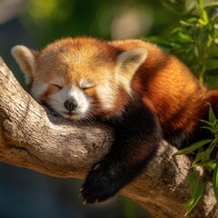 Fototapeta premium Relaxed Red Panda Sleeping Peacefully in Tree Branch Sunshine
