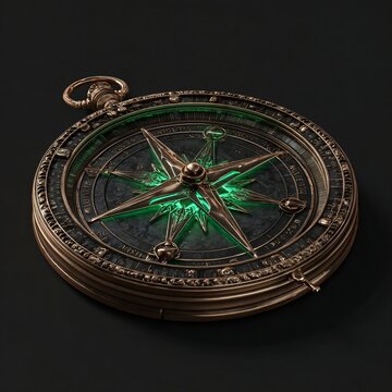 Ornate antique compass with glowing green crystal and bronze texture on black background, perfect for fantasy games or design