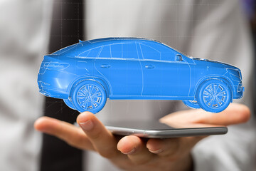 Person holding a phone displaying a 3D car model.  Modern technology concept.