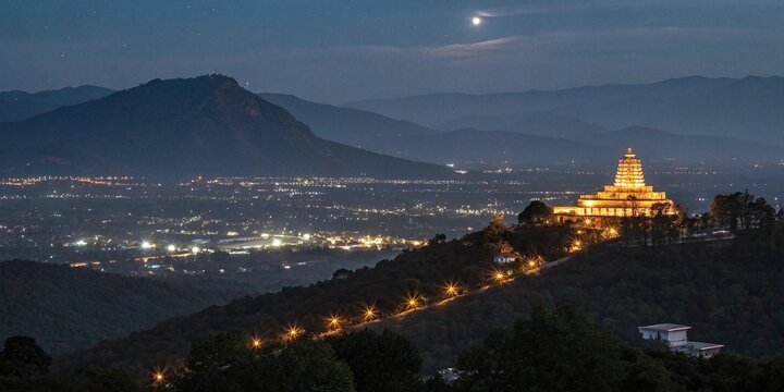 A tranquil night view of Coimbatore, with Marudhamalai Temple glowing warmly atop the Western Ghats, its golden lights illuminating the sacred hill while the cityscape below sparkles.