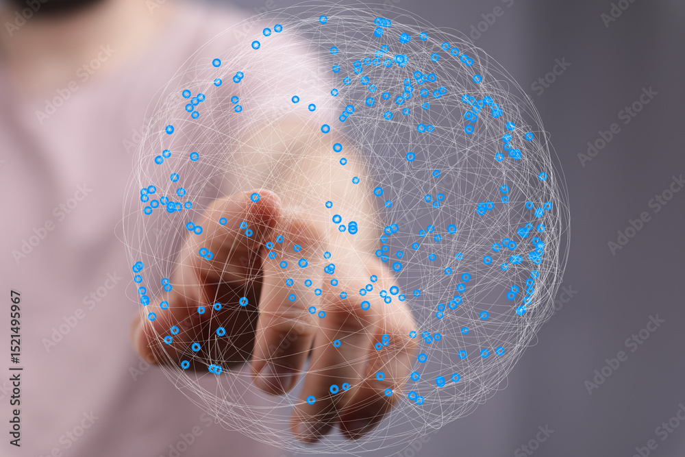 Aufkleber Abstract image of a hand interacting with a digital network sphere. Represents connection, technology, and global communication.