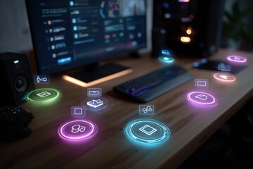 Futuristic Workspace with Digital Icons and High-Tech Computer Setup