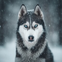 Majestic Siberian Husky in Snowy Forest with Striking Blue Eyes