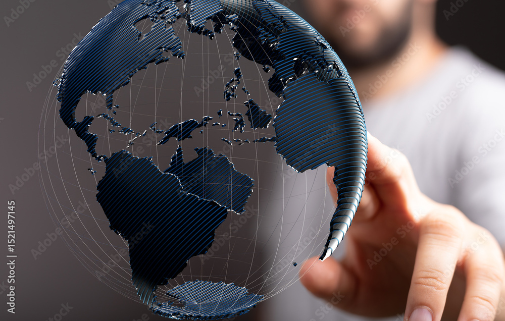 Fototapete high-quality stock photo of a person interacting with a digital 3d model of planet earth, representi