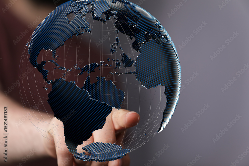 Fototapete Abstract image of a hand interacting with a 3D model of Earth, representing global connectivity and networking.