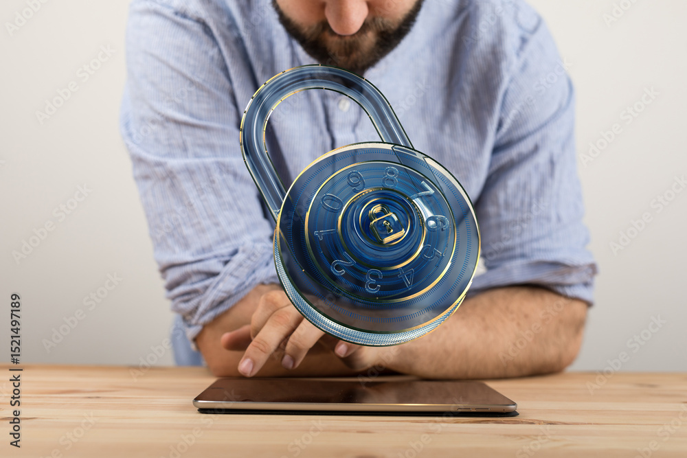 Poster Secure your data! Image of a man using a tablet with a digital padlock.  Cybersecurity, data protection, privacy.