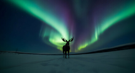 Majestic Moose Under Northern Lights In Winter Wonderland Night Scene