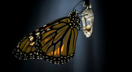 Monarch Butterfly Emerging From Its Chrysalis In Dark Studio Setting