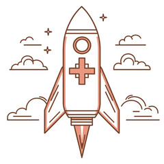 Fototapeta premium Outlined Rocket Ship Launching Through Clouds and Stars in a White Background for Space Travel and Innovation