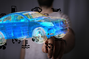 3D rendering of a car with digital maintenance icons. Perfect for automotive technology, repair,...